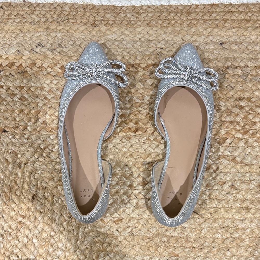 a new day Silver Pointed Toe Flats with Crystal Bow